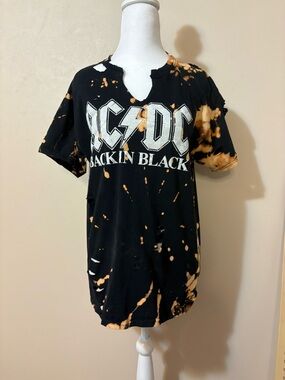 AC/DC Black Tee with Orange Bleach Splatter size medium